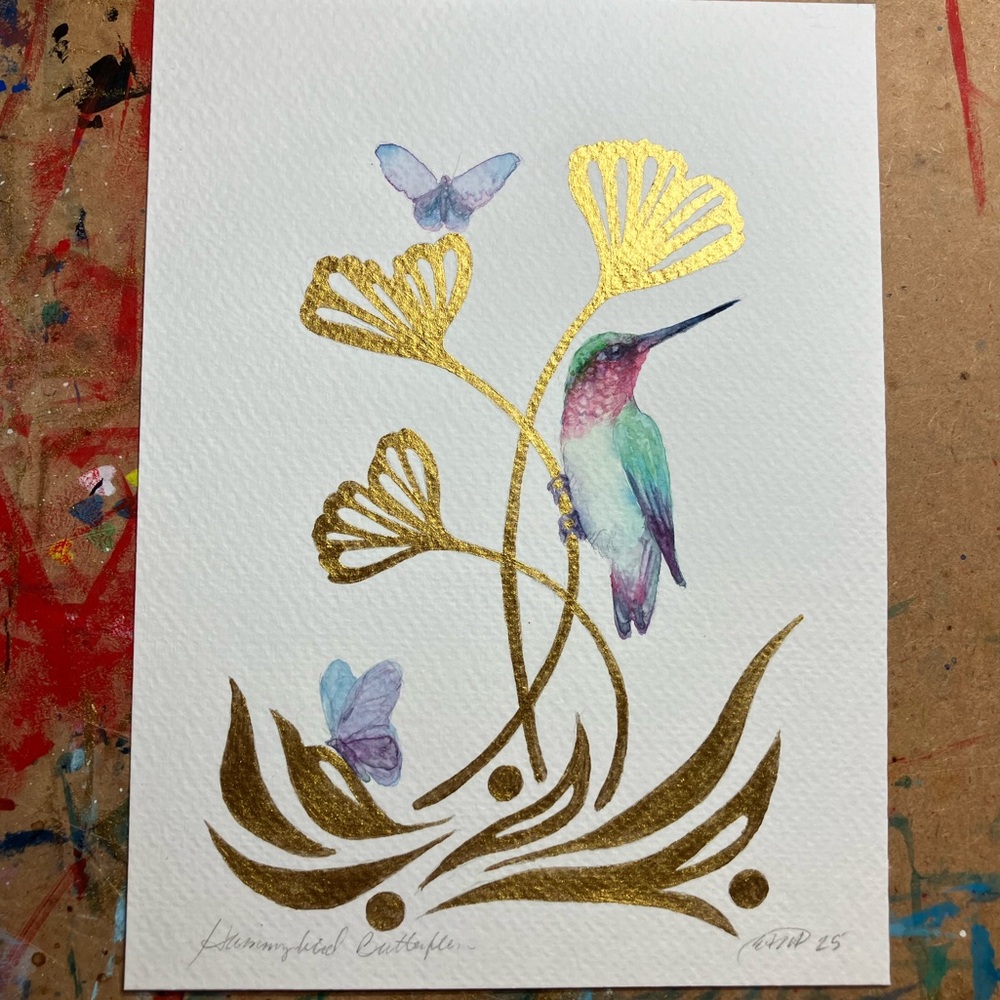 Original painting hummingbird gold floral wall art handmade ooak Artettina USA